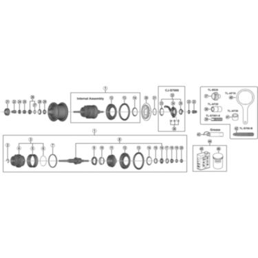 SG-S7000 Alfine hub components, non-turn washers (5R/5L), cap nuts and CJ-S7000