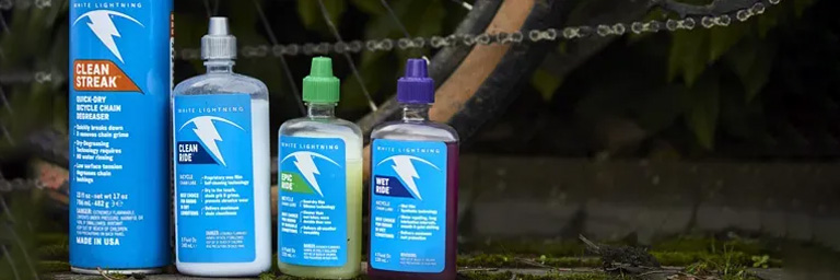 White Lightning bike products lined up